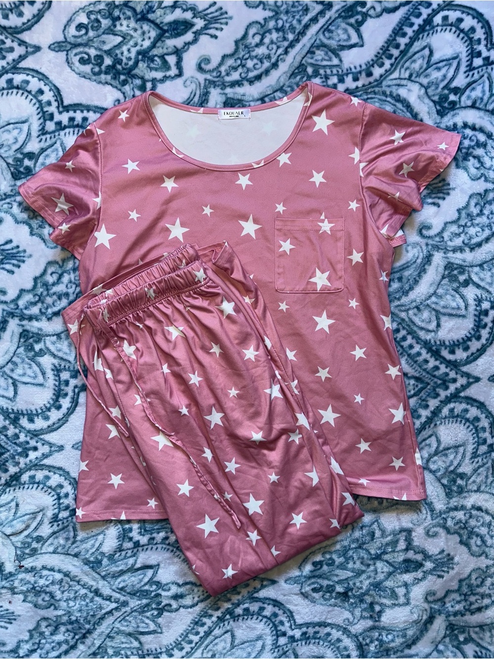 Cozy Star-Print Pink Pajama Set with Pockets - Ekouaer